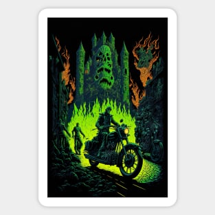 Skeleton Riding Motorbike - Green Flames Sticker